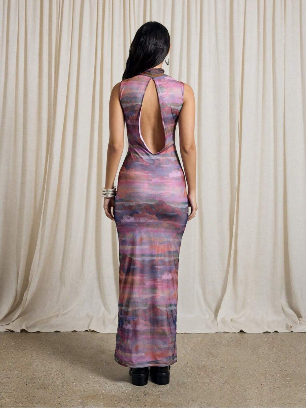 SHEIN AiiRz Pink and Purple Watercolor Mock Neck Maxi Dress - Picture 3 of 6